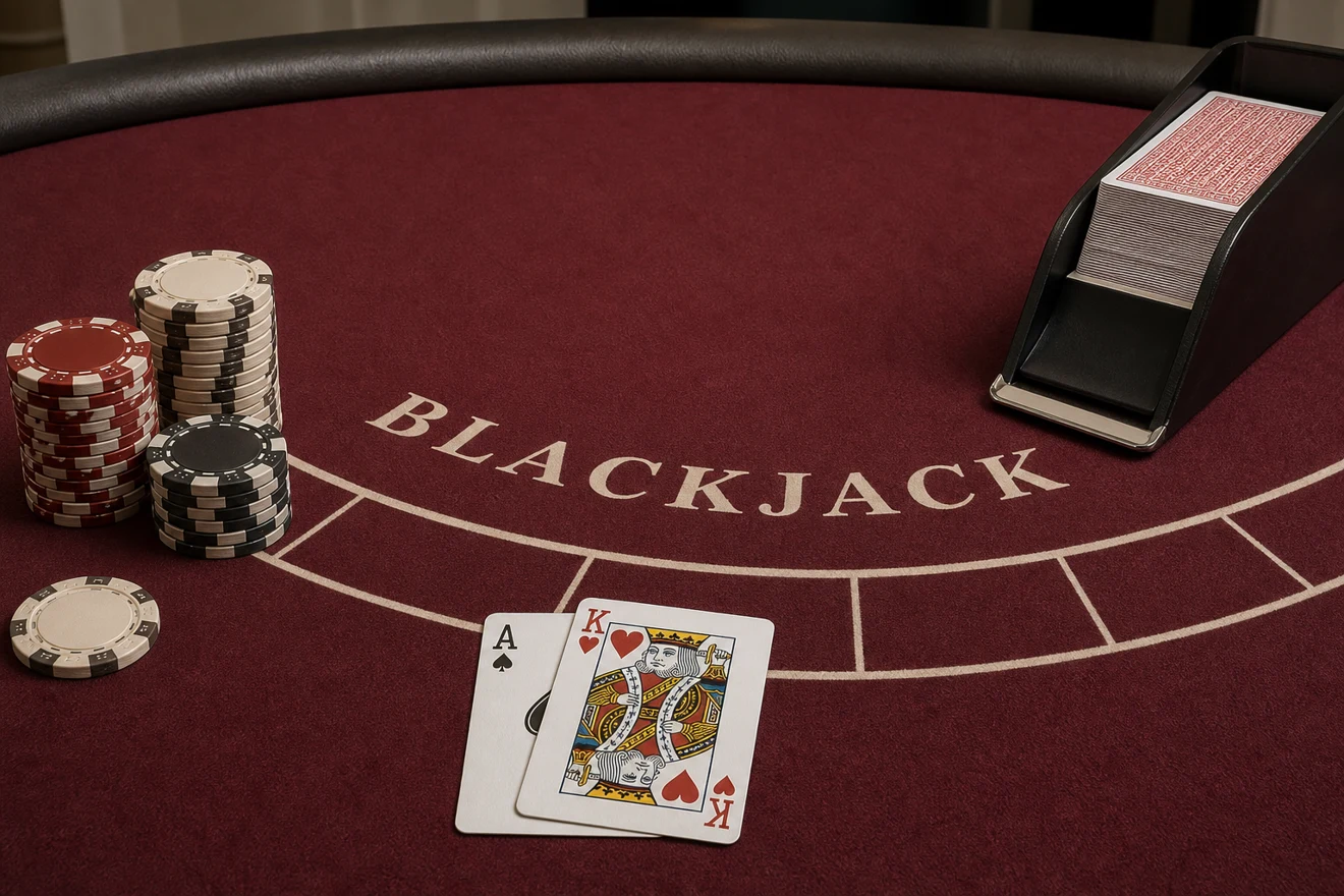 Blackjack cards, chips and a dealer shoe on burgundy felt