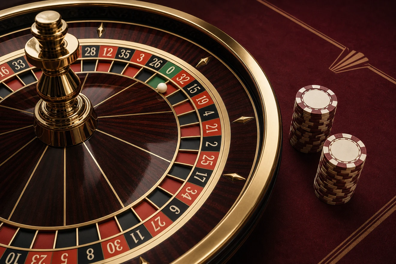 Roulette wheel and chips on burgundy felt