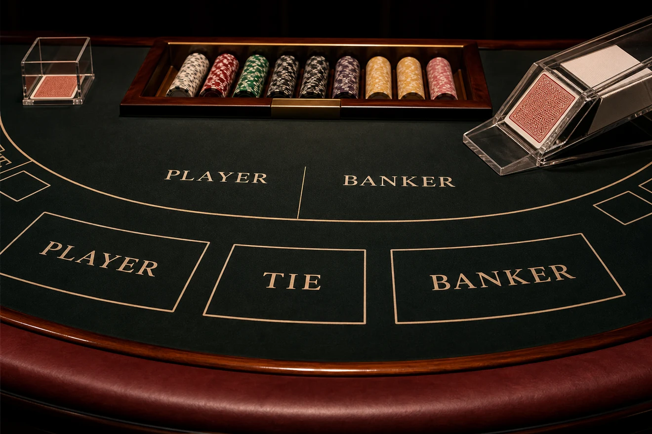 Baccarat table showing player, banker and tie betting areas