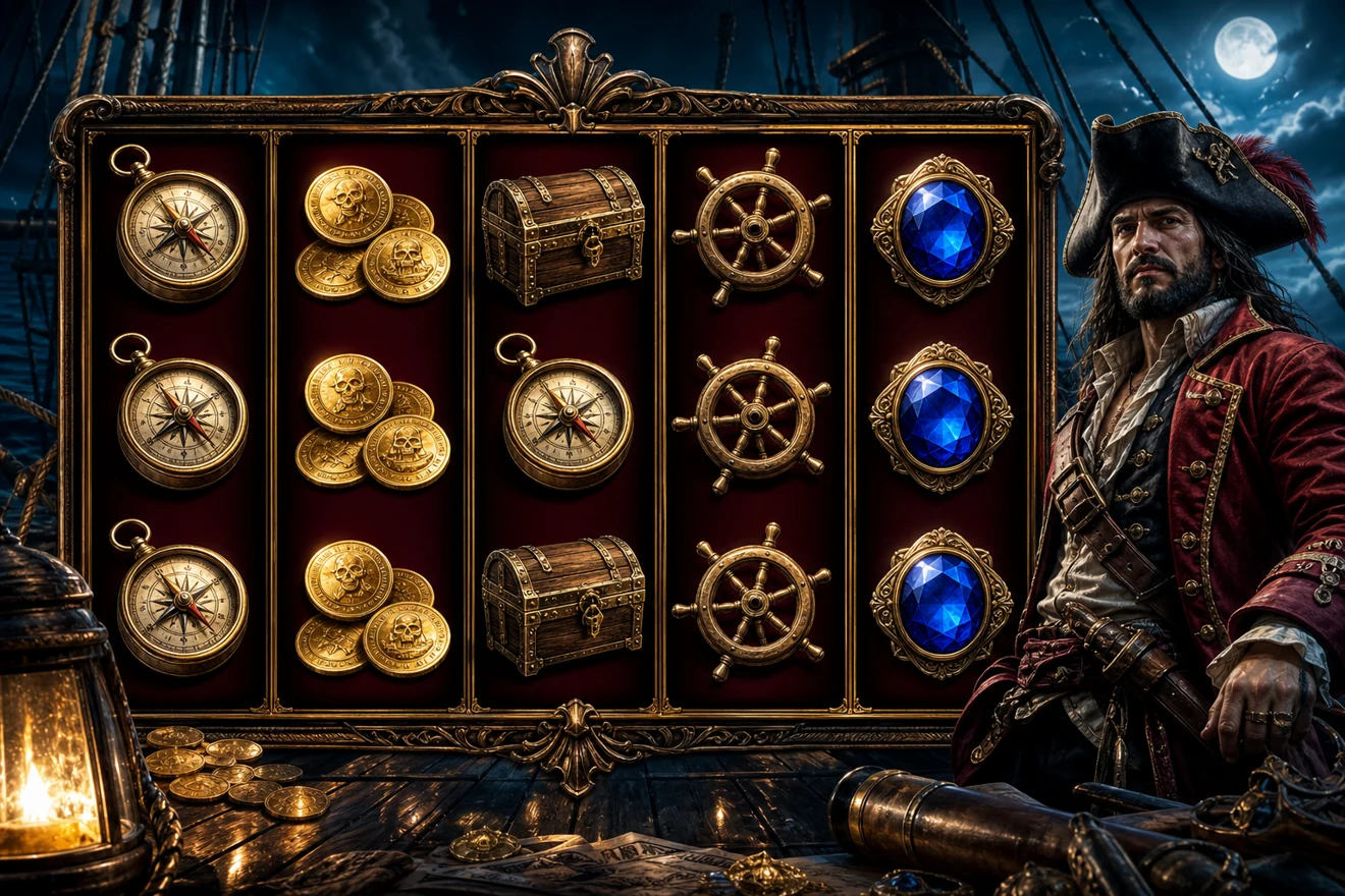 Treasure-themed slot reels with compass and ship symbols