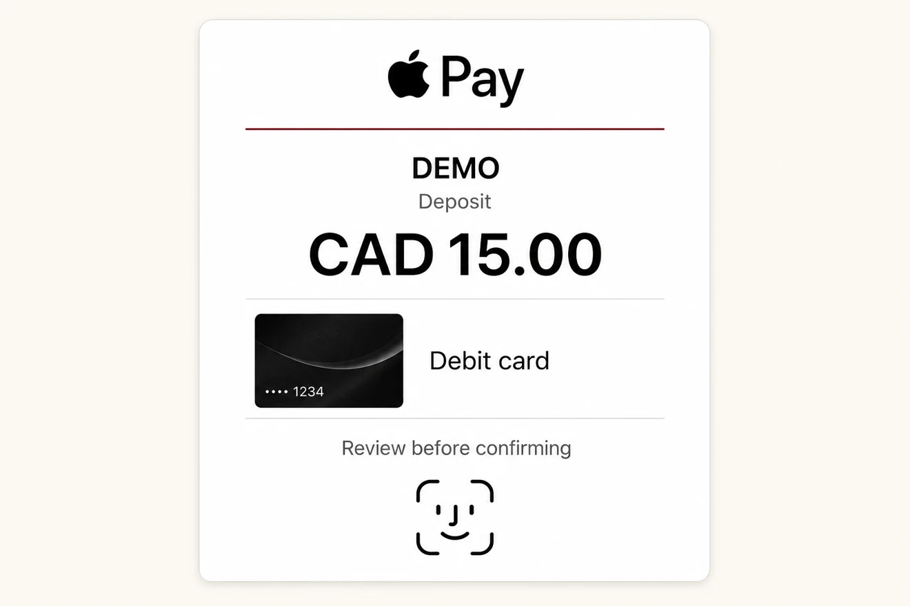 Illustrative Apple Pay review sheet displaying CAD 15.00